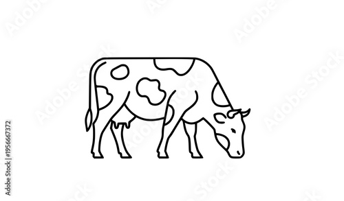 Stylized black and white cow with bold spots grazing flat vector illustration