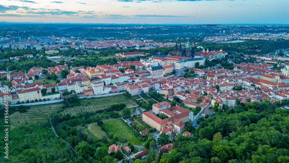 Fototapeta premium Sunset panorama view of Hradcany from Petrin hill in Prague, Cze