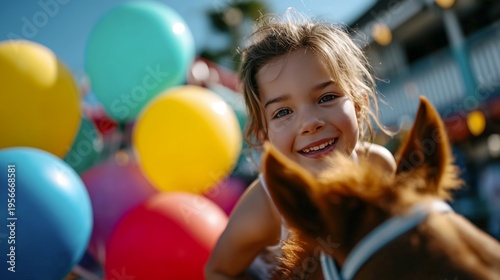 Smiling girl riding pony with colorful balloons in background