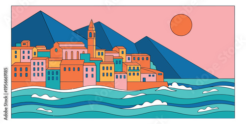 Flat illustration of coastal Mediterranean town depicting colorful buildings and ocean waves for travel and tourism design