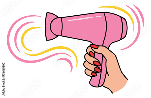 Cartoon illustration of hand holding pink hairdryer depicting beauty styling tool with motion lines for salon design