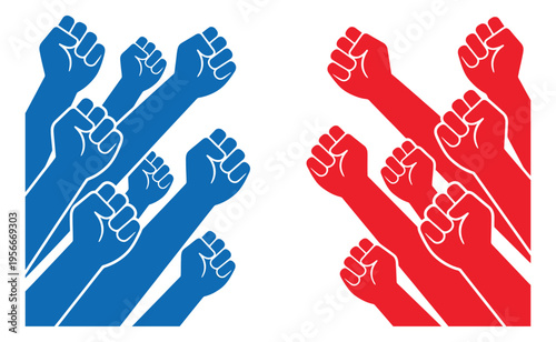 Flat illustration of opposing raised fist groups depicting protest and confrontation for political and social movement design