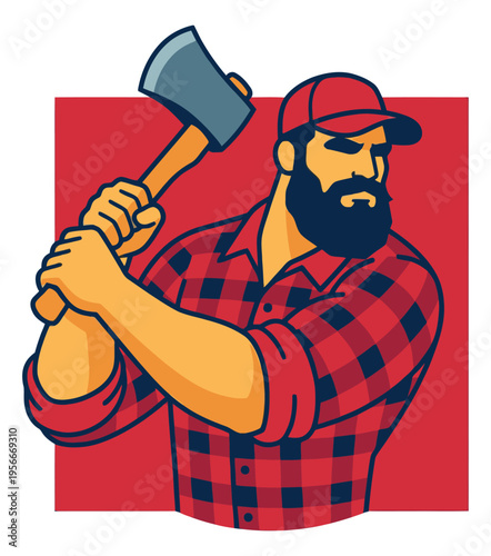 Cartoon illustration of bearded lumberjack holding axe depicting strong worker character for outdoor and craft branding