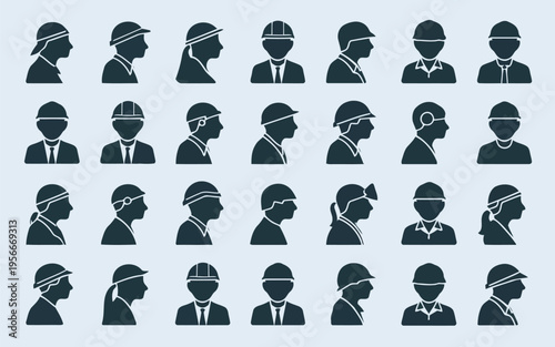 Collection of diverse human silhouettes in profile views with varying hairstyles and headwear