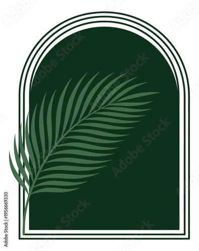 Flat illustration of tropical palm frond in arched frame depicting minimalist botanical design for modern interior decor