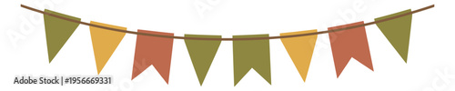 Flat illustration of autumn bunting garland depicting triangular pennant flags for seasonal party decoration
