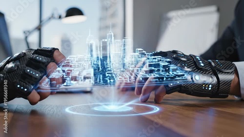 Businessman Interacting with Futuristic 3D Holographic City Model Using Haptic VR Gloves
