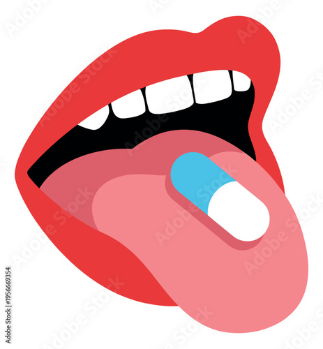 Flat illustration of open mouth taking pill depicting medication intake for healthcare and pharmaceutical design