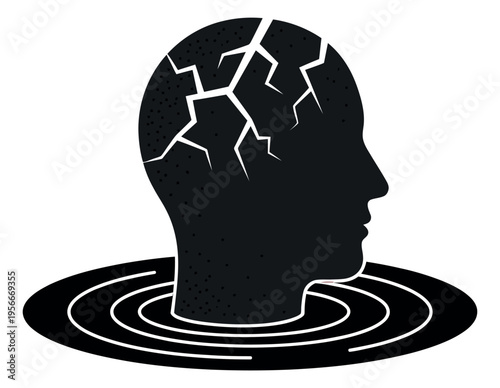 Bold silhouette illustration of cracked head emerging from ripples depicting mental breakdown for psychology and mental health design