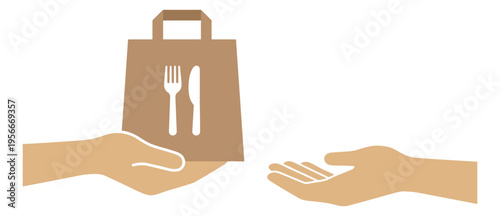 Flat illustration of two hands depicting food delivery and donation gestures for charity and service design