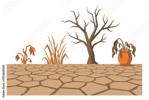 Flat illustration of drought landscape depicting cracked soil and dying vegetation for climate change and environmental crisis design