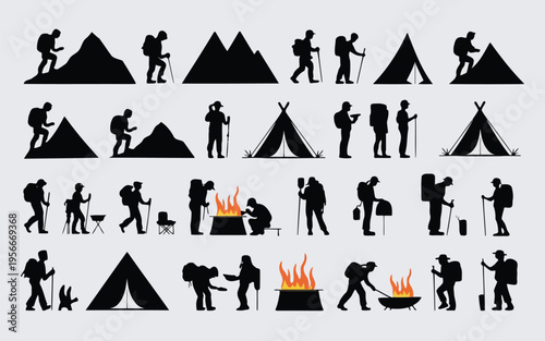 Diverse silhouettes of people engaging in various outdoor activities and poses