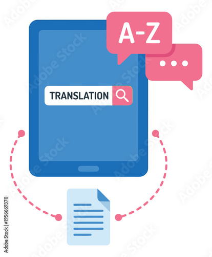 Flat illustration of tablet translation app depicting multilingual document conversion for language learning and communication design