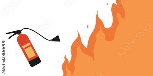 Fire extinguisher usage instructions. Poster with a red fire extinguisher and free space for text. Vector illustration.