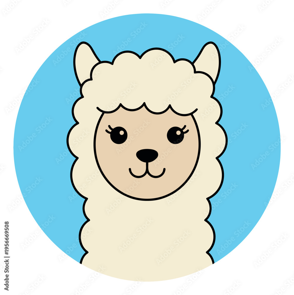 Fototapeta premium Cartoon illustration of cute llama character depicting friendly animal portrait for children and nursery design
