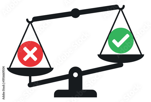 Flat illustration of balance scale with checkmark and cross depicting decision making and comparison for business design