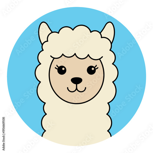 Cartoon illustration of cute llama character depicting friendly animal portrait for children and nursery design