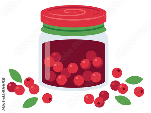Flat illustration of cherry jam jar depicting homemade preserves with fresh fruit for food and cooking design
