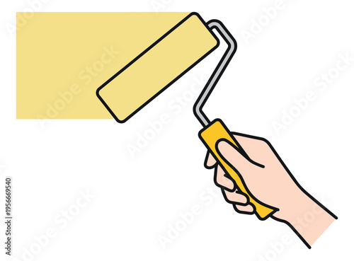 Cartoon illustration of hand holding paint roller depicting wall painting activity for home improvement and renovation design