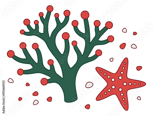 Flat illustration of coral reef featuring sea life with starfish and underwater plants for marine design
