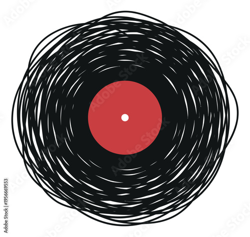 Sketch illustration of vinyl record depicting spinning motion with circular lines for music and retro design