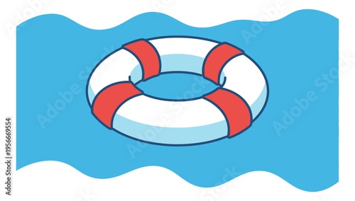 Cartoon illustration of striped lifebuoy floating on water depicting safety equipment for summer and rescue design