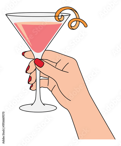 Cartoon illustration of woman holding pink cocktail with citrus garnish for party and celebration design