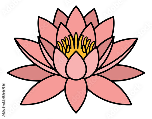 Cartoon illustration of pink lotus flower depicting layered petals and yellow center for spiritual and wellness design