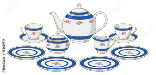 Cartoon illustration set of elegant porcelain tea service featuring teapot, cups, saucers and plates with floral decoration for dining design