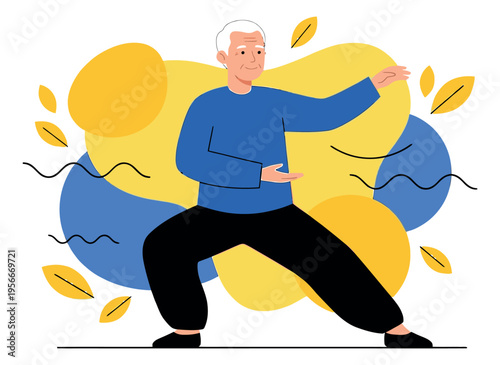 Flat illustration of elderly man practicing tai chi depicting wellness exercise for senior health and fitness design