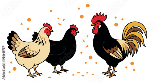 Cartoon illustration of three chickens and rooster depicting farm poultry with scattered feed for agriculture design