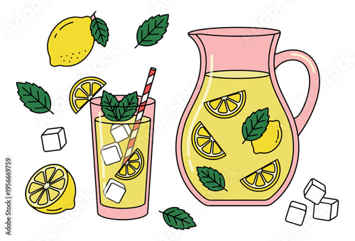 Cartoon illustration set featuring lemonade pitcher, glass and fresh citrus elements for summer beverage design