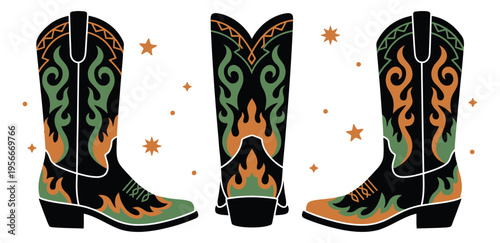Flat illustration set of 3 western cowboy boots featuring decorative flame patterns and stars for country fashion design