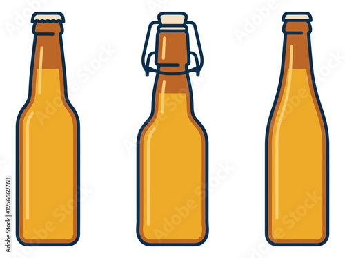 Cartoon icon set of 3 beer bottles featuring different closure types for beverage and packaging design