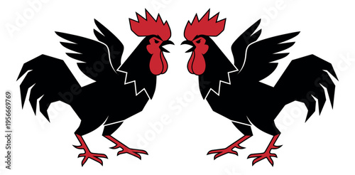 Bold silhouette illustration of two fighting roosters depicting confrontation for sports and competition design