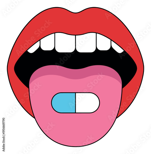 Cartoon illustration of open mouth with pill on tongue depicting medication intake for healthcare design