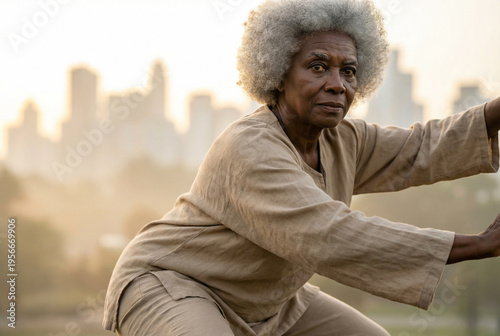 Senior black woman practicing tai chi with city skyline background