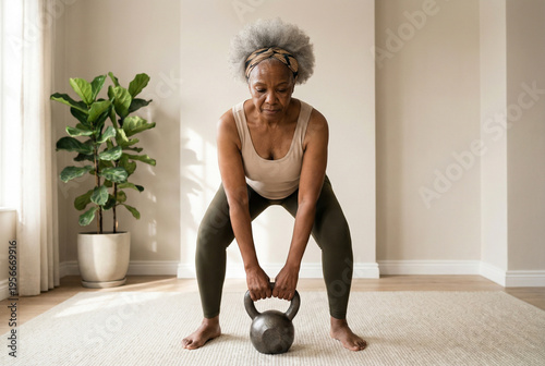 Active senior woman training with kettlebell in living room