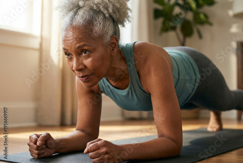 Determined senior woman practicing plank exercise on yoga mat