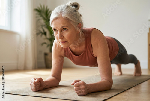 Mature woman performing plank core exercise in bright living room