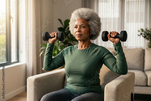 Senior woman doing shoulder press exercise with dumbbells at home