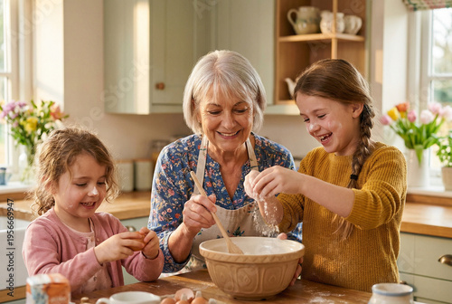 Happy grandmother and granddaughters baking together in rustic kitchen