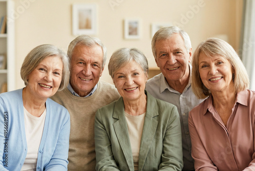Portrait of happy senior friends smiling together indoors