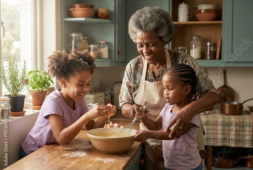 Black grandmother and granddaughters laughing while baking together in kitchen