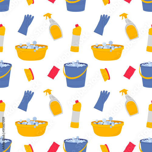 Home cleaning using cleaning products. Basins and buckets of water, sponges, brushes, household chemicals. Seamless pattern