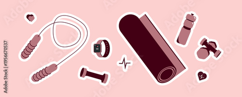 Flat vector illustration of various sport and Medical equipment for body health registration on pink background. 