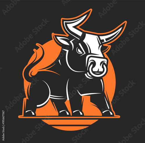 Bull silhouette , monochrome logo, symbol of the year in the Chinese zodiac calendar. Vector illustration of a standing horned ox or a black angus isolated on a white background