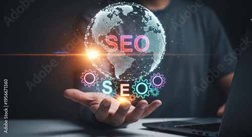 Digital marketing expert holding a glowing globe with SEO and gears symbolizing strategy