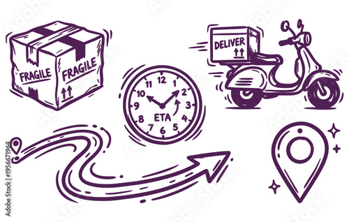 Delivery and logistics icons hand drawn doodle purple on transparent background