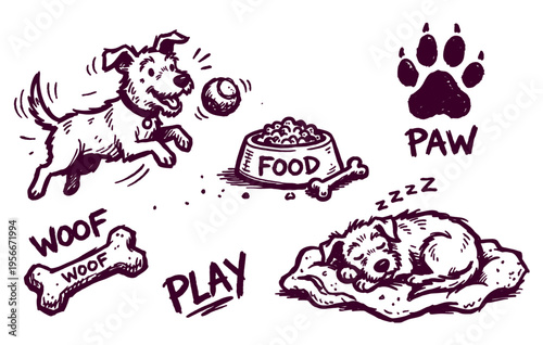 Dog care and puppy lifestyle illustrations with playful animal icons